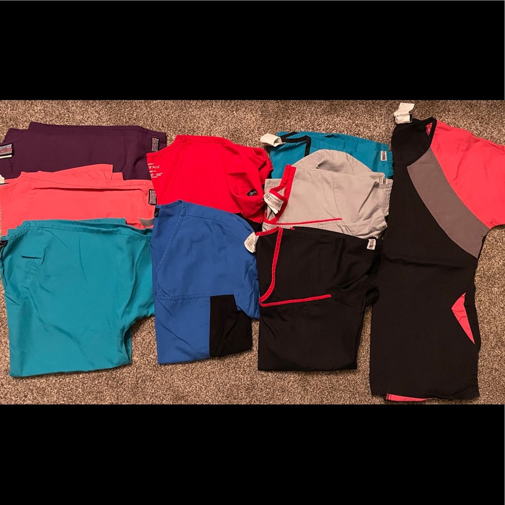 9 xsmall scrubs tops, various brands